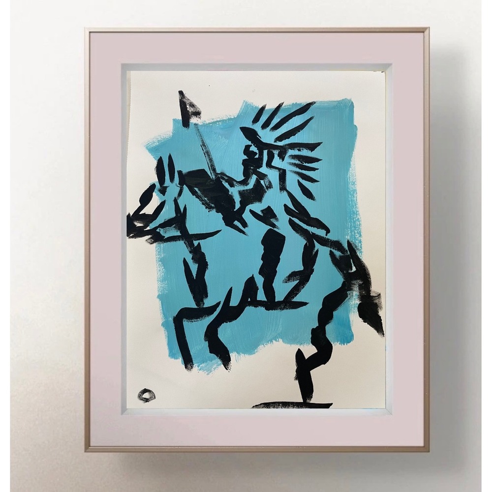 OMAN Original Painting Native American Warrior Horse Blue Spiritual Art 8.5x11